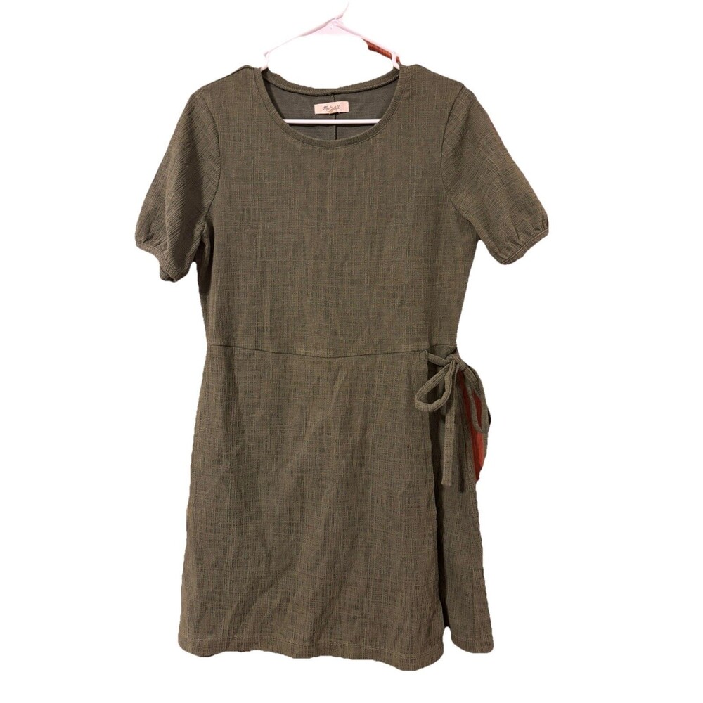 Madewell Faux Wrap Dress Women Medium Green Crosshatch Puff-Sleeve Mini Casual
